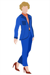 Vector isolated illustration of a person in bright blue costume on high heels.