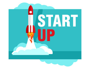 Start Up - cartoon rocket launching into space