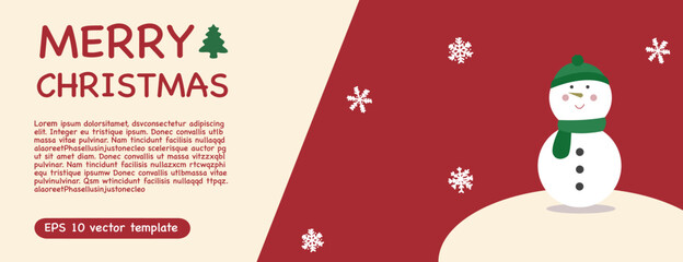 Snowman standing in the snow, Merry Christmas red background eps 10 vector template.
