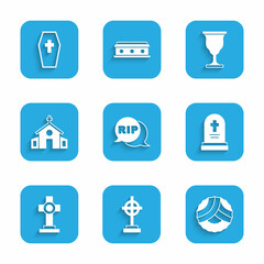 Set Speech bubble rip death, Grave with cross, Memorial wreath, tombstone, Church building, Christian chalice and Coffin icon. Vector