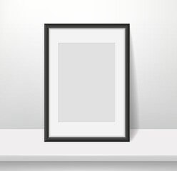 Realistic frame on wall background. Blank framed picture or poster mockup, dark plastic border with paspartu, vertical a4 photo format, interior design accessory, vector concept