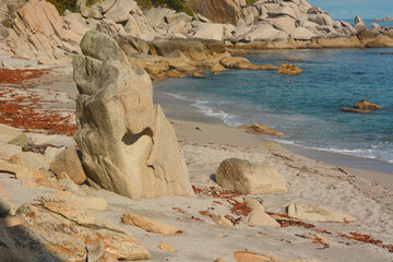 Big beautiful stone on the sandy shore, sea view. - 458233092