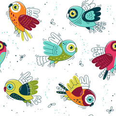 Multicolored owls - vector seamless pattern. Loop pattern for fabric, textile, wallpaper, posters, gift wrapping paper, napkins, tablecloths. Print for kids, children. Children's pattern