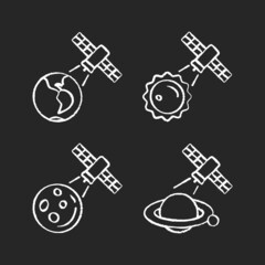 Celestial bodies observation chalk white icons set on dark background. Heliophysics science investigations. Meteorological planet observation system. Isolated vector chalkboard illustrations on black