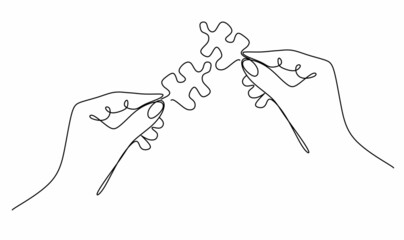continuous drawing with linear puzzles in your hands. Business decisions, success, strategy and time - obrazy, fototapety, plakaty