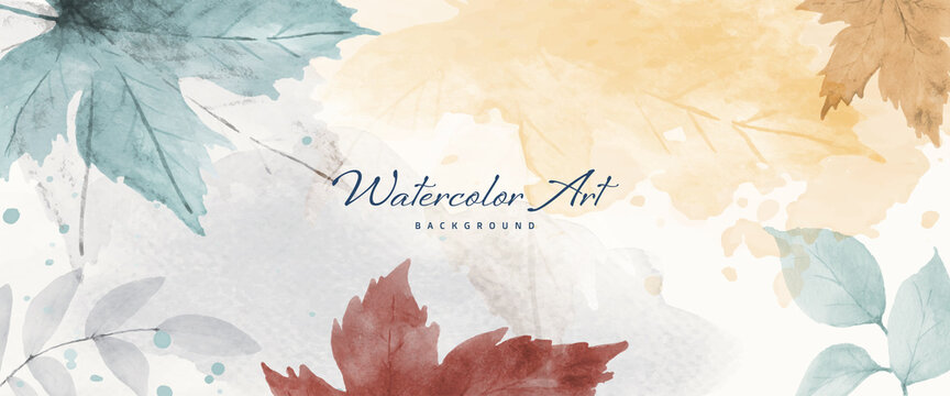 Watercolor abstract autumn background with maple and seasonal leaves