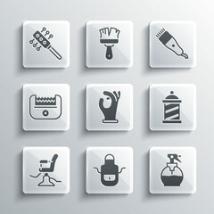 Set Barber apron, Hairdresser pistol spray bottle, shop pole, Medical rubber gloves, Barbershop chair, Electrical clipper, Hairbrush and icon. Vector