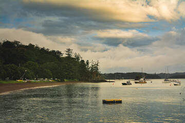 Evening of a stormy day at Russel Beach. Low tide. Retro Style