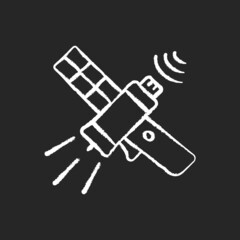 Communications satellite chalk white icon on dark background. Transmiting signal satelite. Global telecommunications network connection. Isolated vector chalkboard illustration on black