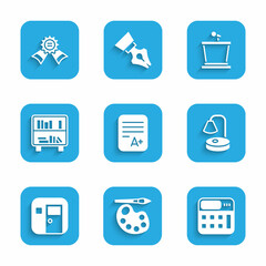 Set Exam sheet with A plus grade, Paint brush palette, Calculator, Table lamp, School classroom, Shelf books, Stage stand and Medal icon. Vector