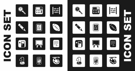 Set Abacus, Exam sheet with check mark, Pencil eraser, Unknown search, American football ball, Calculator, paper incorrect answers and School classroom icon. Vector