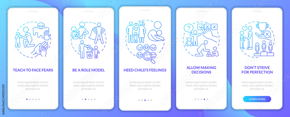 Poster bringing up tips blue gradient onboarding mobile app page screen. mental health walkthrough 5 steps 