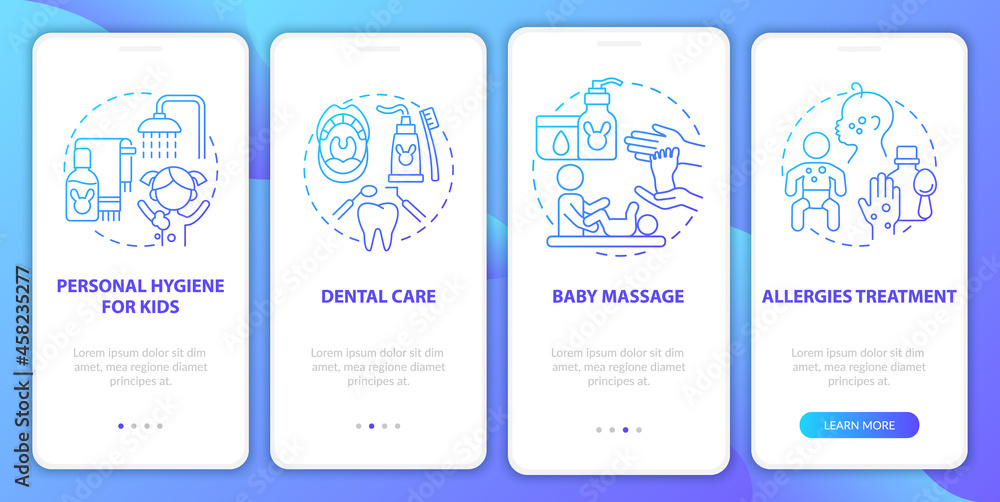 Poster baby care blue gradient onboarding mobile app page screen. child physical health walkthrough 4 steps