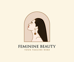 Hand drawn feminine woman beauty minimal face and floral botanical logo template for makeup spa salon skin & hair care line art portrait vector printable