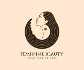 Hand drawn feminine woman beauty minimal face and floral botanical logo template for makeup spa salon skin & hair care line art portrait vector printable