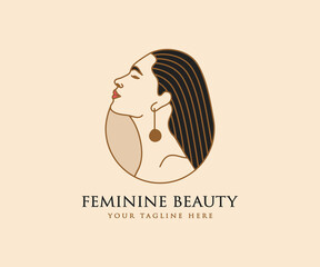 Hand drawn feminine woman beauty minimal face and floral botanical logo template for makeup spa salon skin & hair care line art portrait vector printable