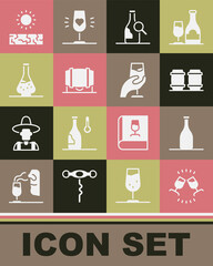 Set Wine tasting, degustation, Bottle of wine, Wooden barrel for, Decanter, Drought and icon. Vector