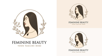 Hand drawn feminine woman beauty minimal face and floral botanical logo template for makeup spa salon skin & hair care line art portrait vector printable