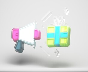 3d rendering of white and violet megaphone hangs on a green background with gift boxes flying out from it