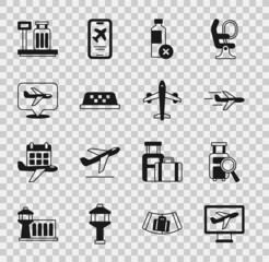Set Plane, Lost baggage, No water bottle, Taxi car roof, Scale with suitcase and icon. Vector