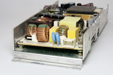 switching mode power supply internal unit of LCD TV. electronic components closeup
