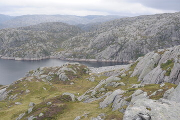 Solitary plateau landscape with rocks, moss and grass in Rogaland county, south western Norway