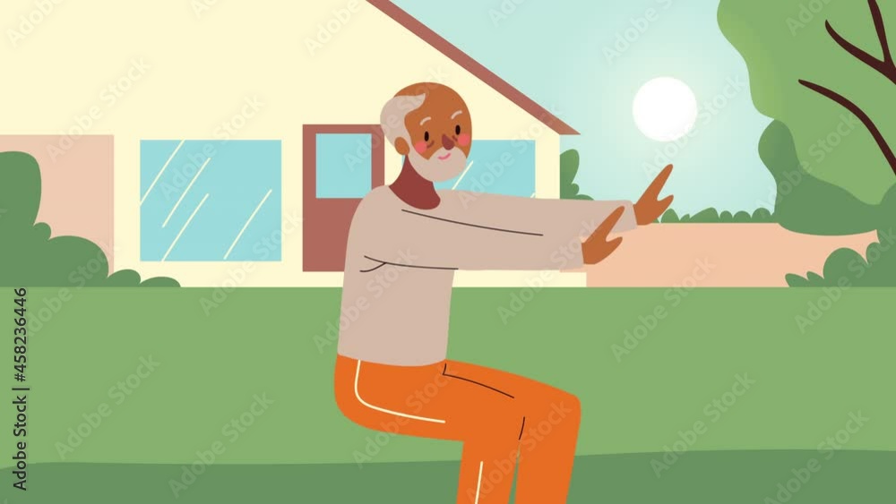 Poster old man practicing exercise animation