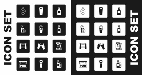 Set Beer bottle, Glass of beer, Hop, Bottle opener, can and Wooden barrel icon. Vector