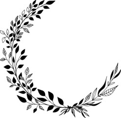 Round decorative floral border. Vector doodle leaf wreath. Drawn circle flower desing