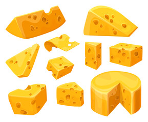 Cheese heads and slices or lumps with holes