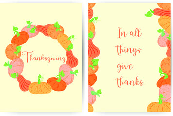 Two versions of Thanksgiving cards. November. Pumpkins. Bright palette. Pumpkins in a circle and on the sides. Vector in flat style. Suitable for accretions.