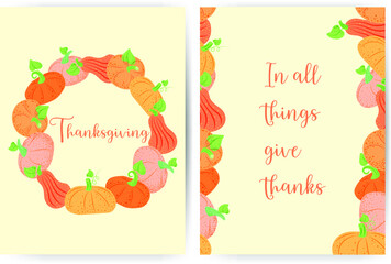 Two versions of Thanksgiving cards. November. Pumpkins. Bright palette. Pumpkins in a circle and on the sides. Vector in flat style. Suitable for accretions.