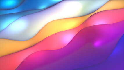 Abstract 3D background. Squishy diagonal waves. Cyan, blue, purple, pink, red, orange, yellow, white.