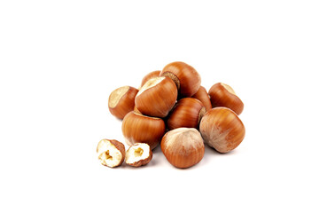 Group of hazelnuts, isolated on white background