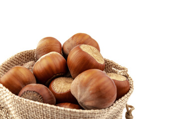 fresh hazelnuts in a canvas bag on white background