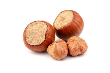 Group of hazelnuts, isolated on white background