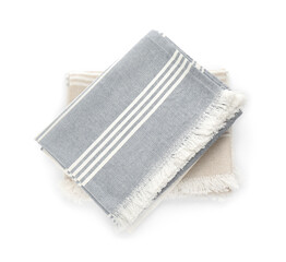 Two different kitchen towels isolated on white, top view