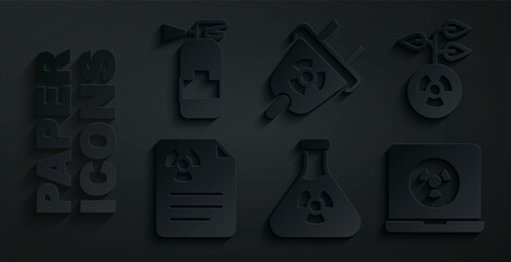 Set Test tube radiation, Radioactive, Radiation warning document, Nuclear laptop, electrical plug and Fire extinguisher icon. Vector
