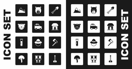 Set Shovel, Car, Tiger head, Mountains, African hut, Bear, Wooden axe and Flashlight icon. Vector