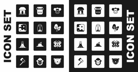 Set Monkey, Camping lantern, Africa safari map, African hut, Tropical leaves, Hiking backpack, Butterfly and Volcano eruption icon. Vector