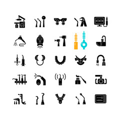 Dentistry tools and materials black glyph icons set on white space. Dental procedures. Tooth repairing, treatment. Medical devices. Orthodontics. Silhouette symbols. Vector isolated illustration