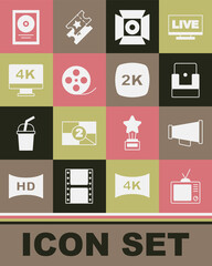 Set Retro tv, Megaphone, Cinema chair, Movie spotlight, Film reel, Screen with 4k, CD disk award frame and 2k Ultra HD icon. Vector