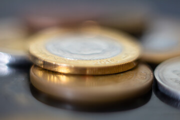 Closeup to silver and gold coins. Physical money in metal called coins. Savings and wealth concept.