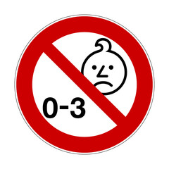 Age warning symbol. Vector illustration of red crossed out circle sign with baby face. Forbidden for children from 0 to 3 years old. Label used on toys or goods. Caution for parents.