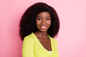 Profile photo of half turned positive dark skin lady beaming smile look camera isolated on pink color background