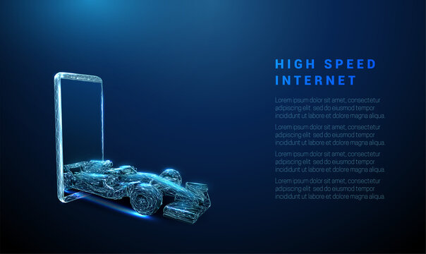 Abstract blue mobile phone and race car moving from smart phone.