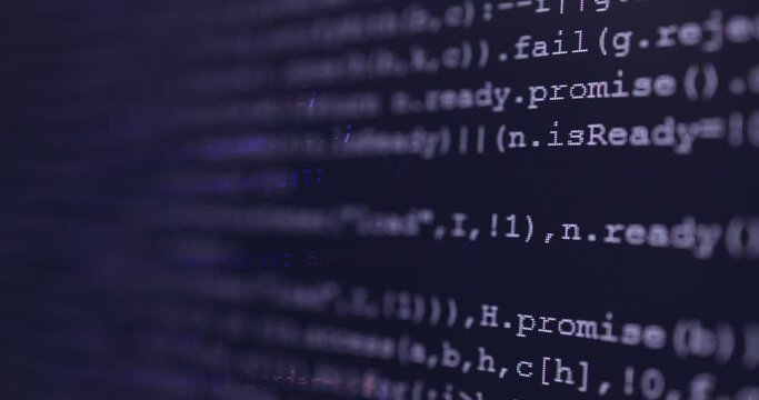4K Close up shot HTML tag code on PC Monitor scroll down on blue screen. Background concept for programming and coding web development.