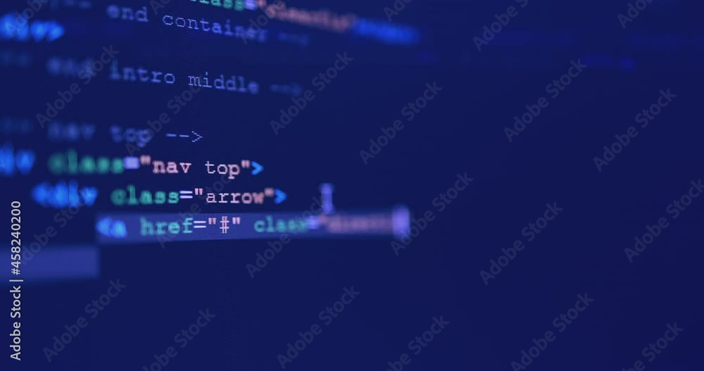 Aufkleber 4K Close up shot HTML tag code on PC Monitor scroll down on blue screen. Background concept for programming and coding web development.