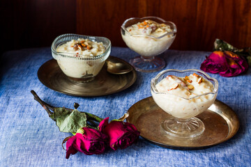 Selective focus on Diwali and Durga puja special pudding called rice kheer,khir or payesh served in...
