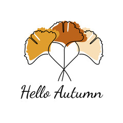 Hello Autumn text with mustard leaves on white backgrond. For poster, banner, greeting card, template, design.